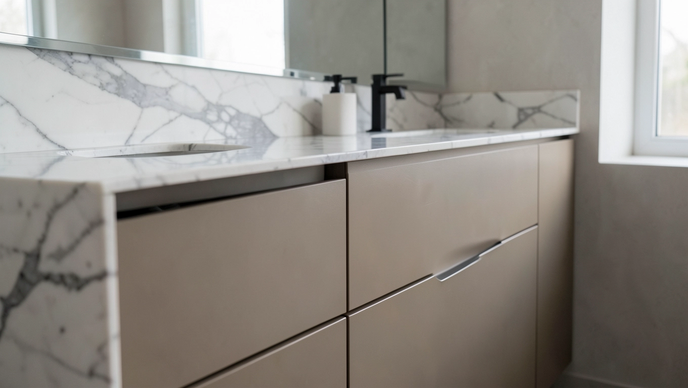 Blat z ukrytą pralką w małej łazience 2m²